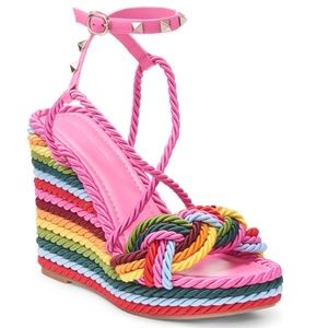 NIB $890 VALENTINO Rockstud Torchon Rainbow Platform Wedge Sandal - size 11 / 41